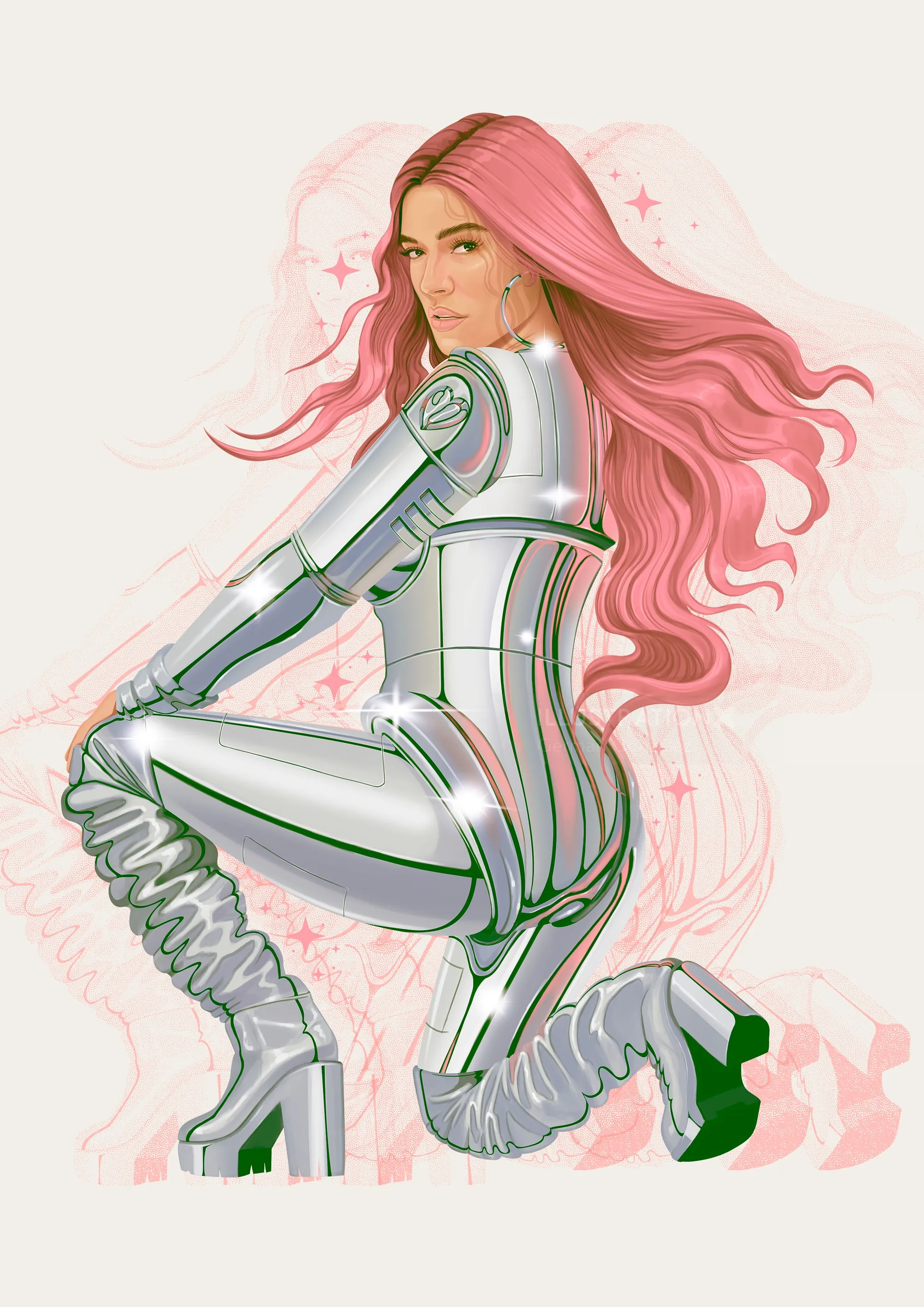 Retrato de Karol G em terno metálico e cabelo rosa por German Gonzalez