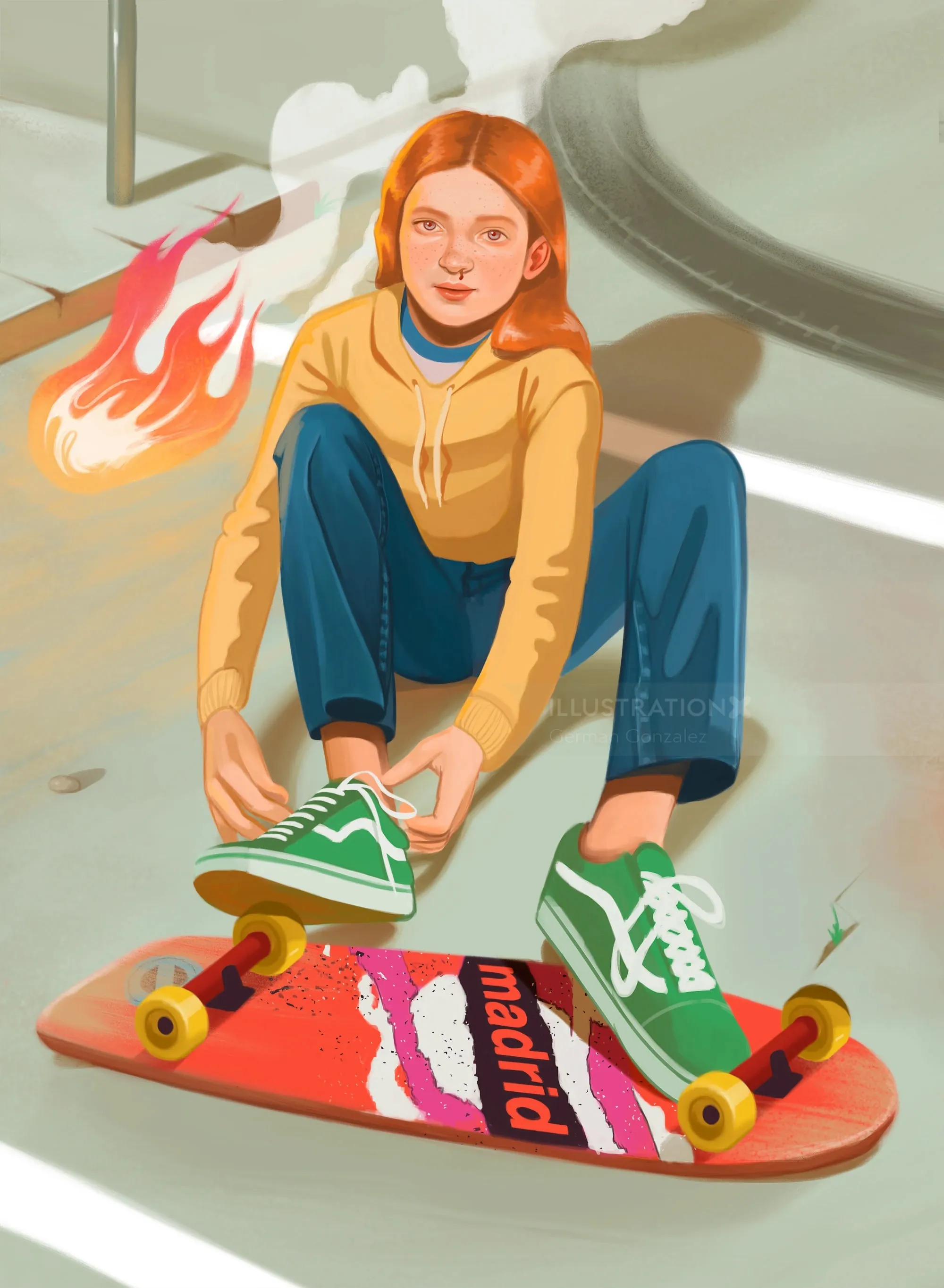 Arte de fã de Max, de Stranger Things, amarrando tênis verdes, por German Gonzalez.