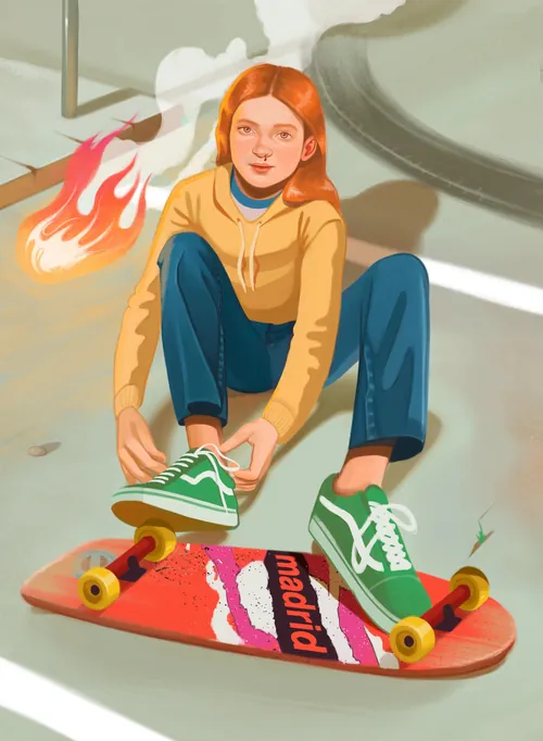 Arte de fã de Max, de Stranger Things, amarrando tênis verdes, por German Gonzalez.
