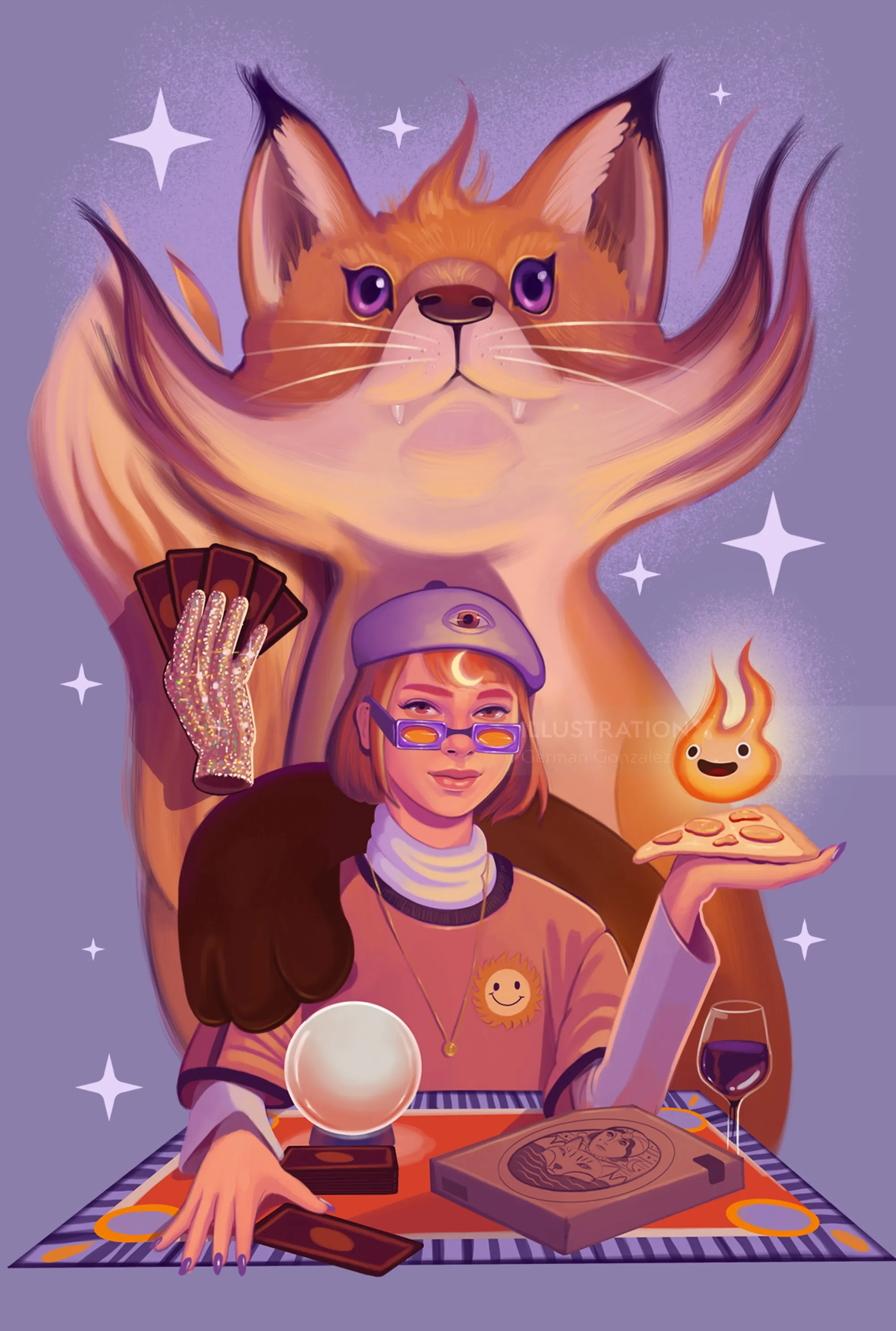 Surreal mystical girl holding tarot cards with a glowing fox above, by German Gonzalez