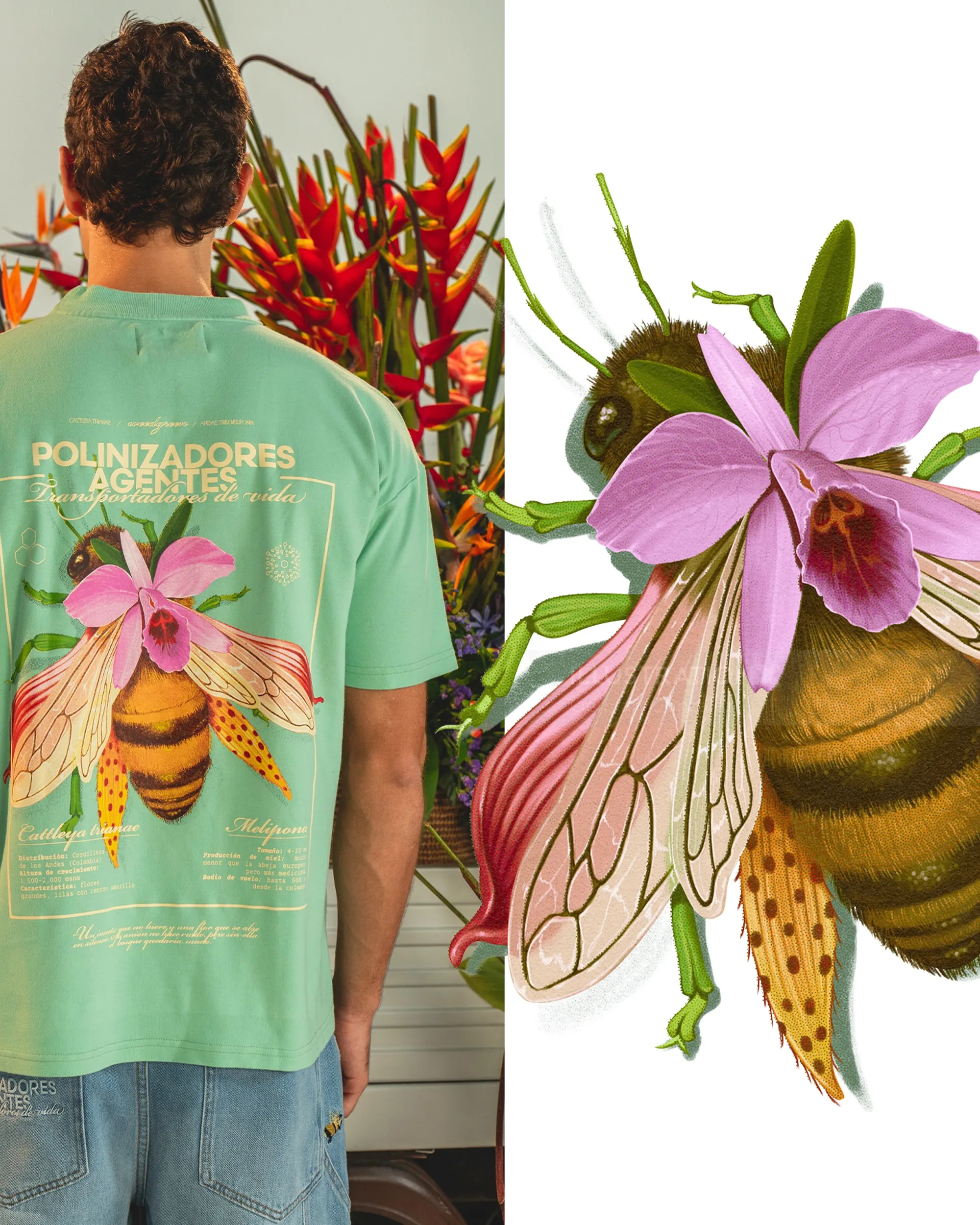 Surreal bee with orchid flower and wings, artwork by German Gonzalez