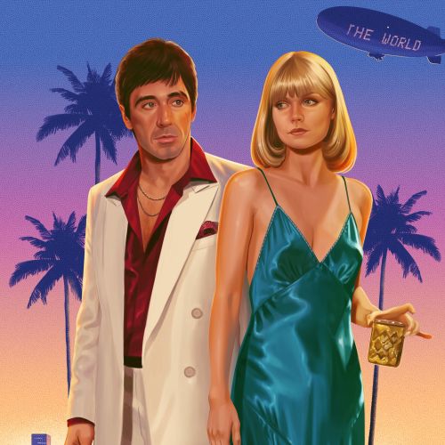 Man and woman in 80s attire with palm trees and blimp, artwork by German Gonzalez