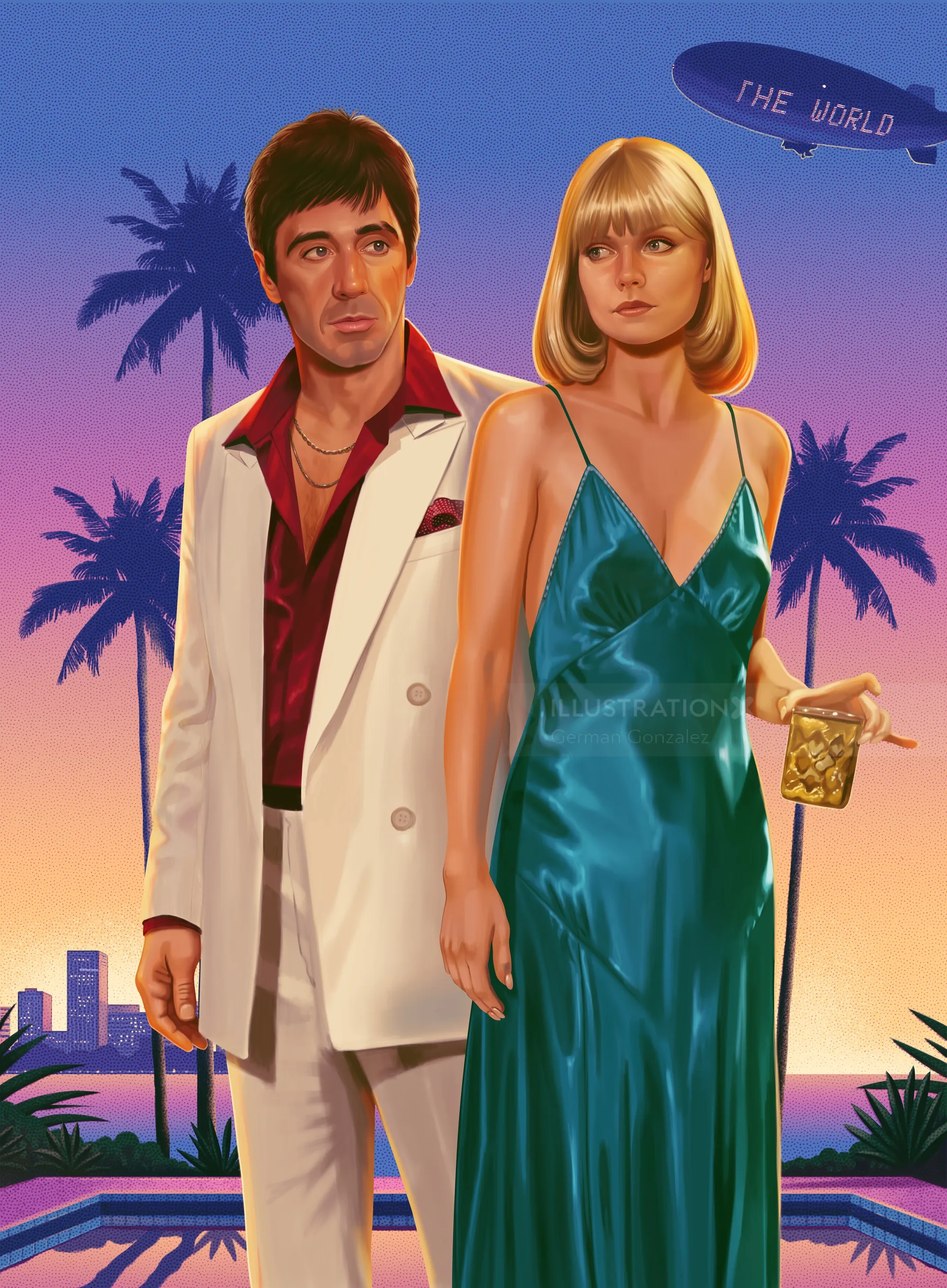Man and woman in 80s attire with palm trees and blimp, artwork by German Gonzalez