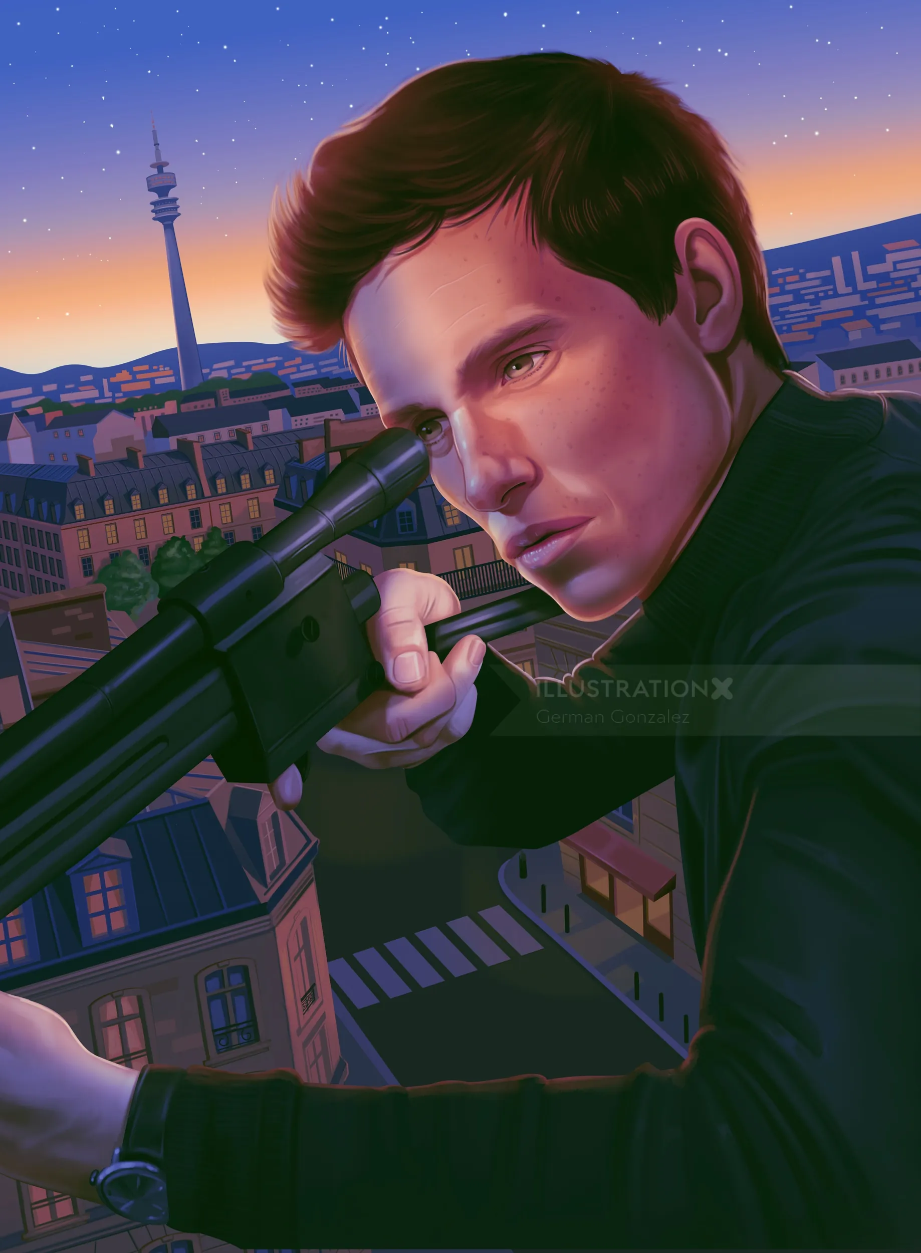 Man aiming sniper rifle over cityscape at dusk by German Gonzalez