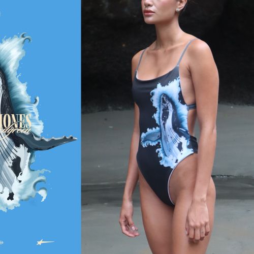 Whale swimming artwork on swimsuit by German Gonzalez