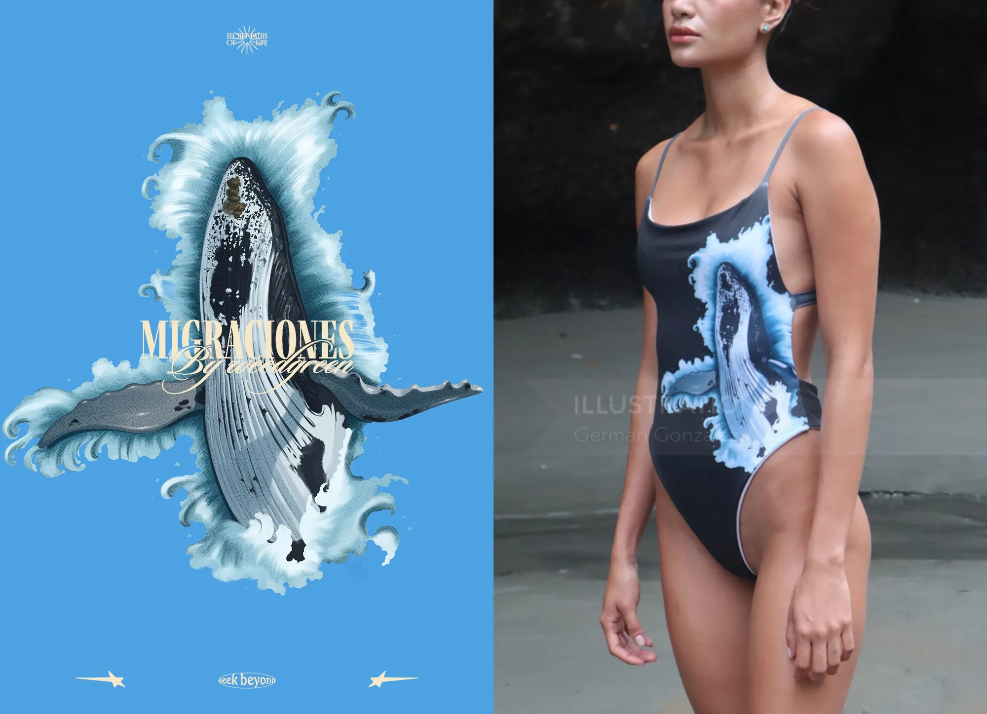 Whale swimming artwork on swimsuit by German Gonzalez