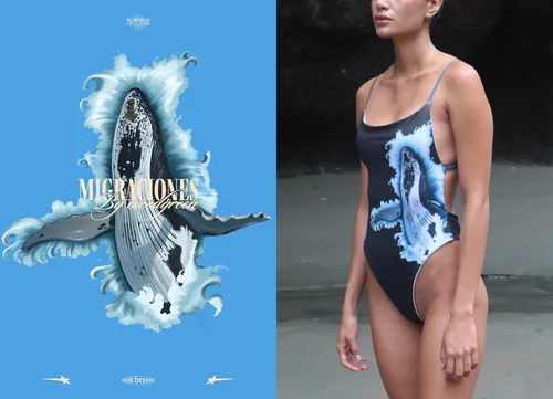Whale swimming artwork on swimsuit by German Gonzalez