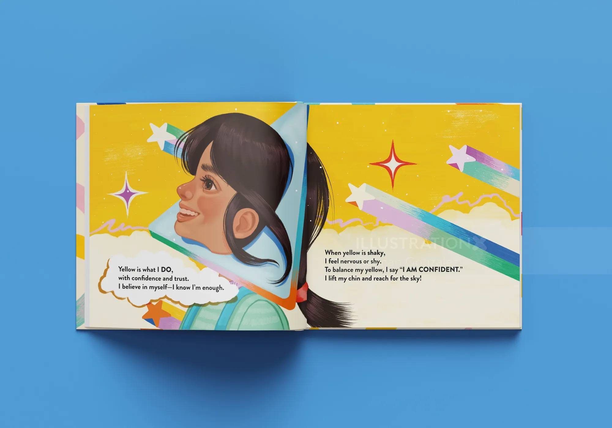 Illustrated children’s book pages showing a girl and colorful stars by German Gonzalez