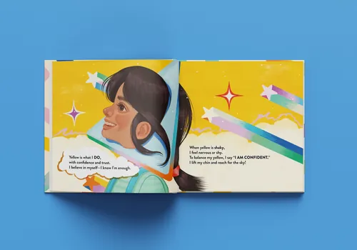 Illustrated children’s book pages showing a girl and colorful stars by German Gonzalez