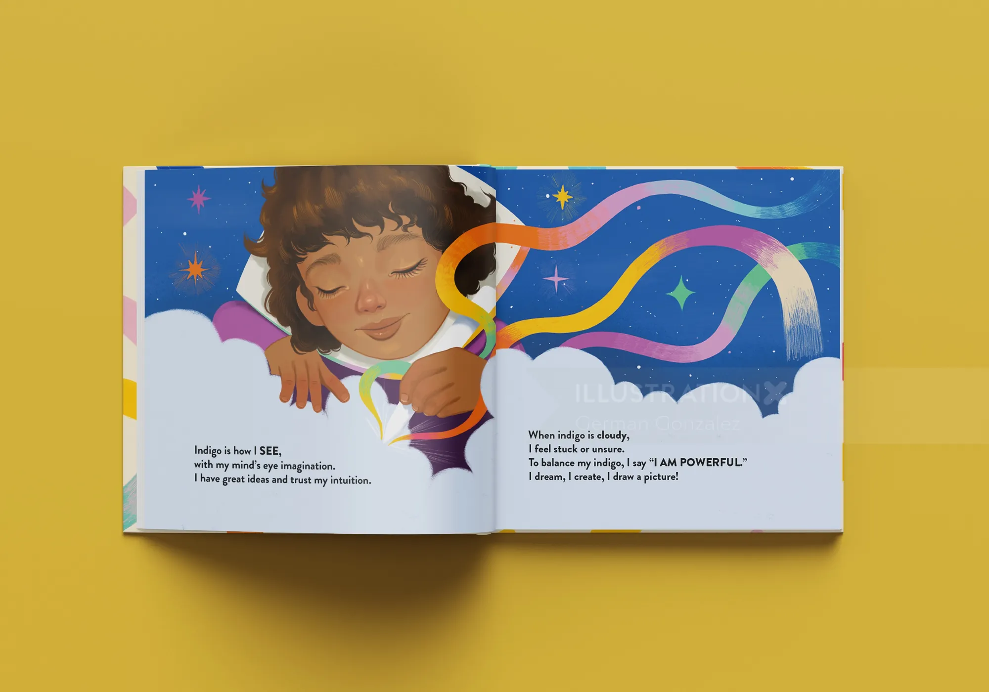 Criança com fitas coloridas saindo de um livro aberto, por German Gonzalez