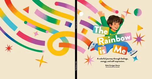 ジャーマン・ゴンザレスによる、喜びにあふれた子供と虹の要素が描かれたカラフルなブックカバー