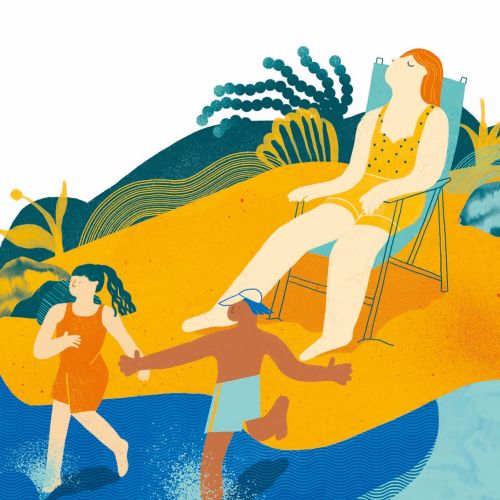 Graphic illustration of people enjoying holidays at beach 