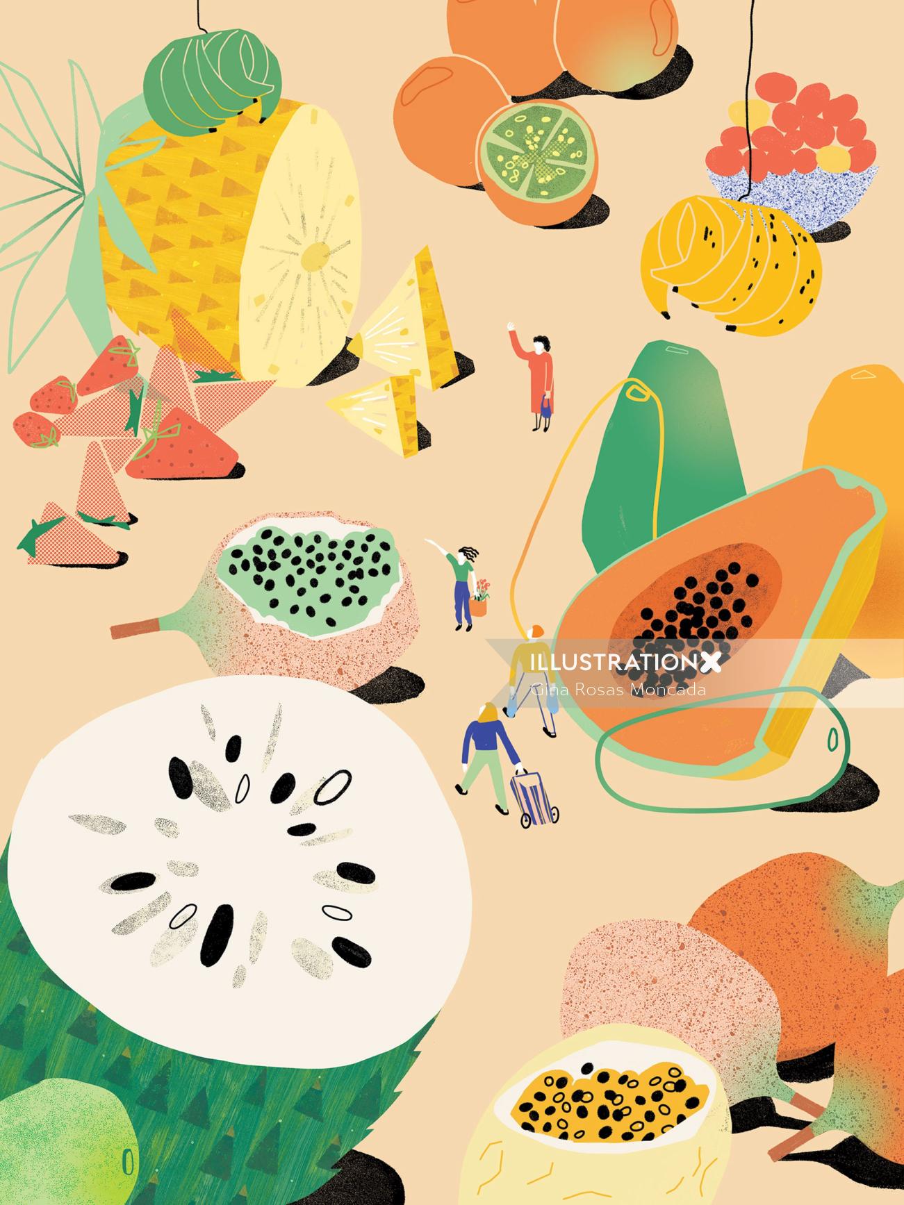 Editorial art of fruits by Gina Rosas for Heimat exhibition