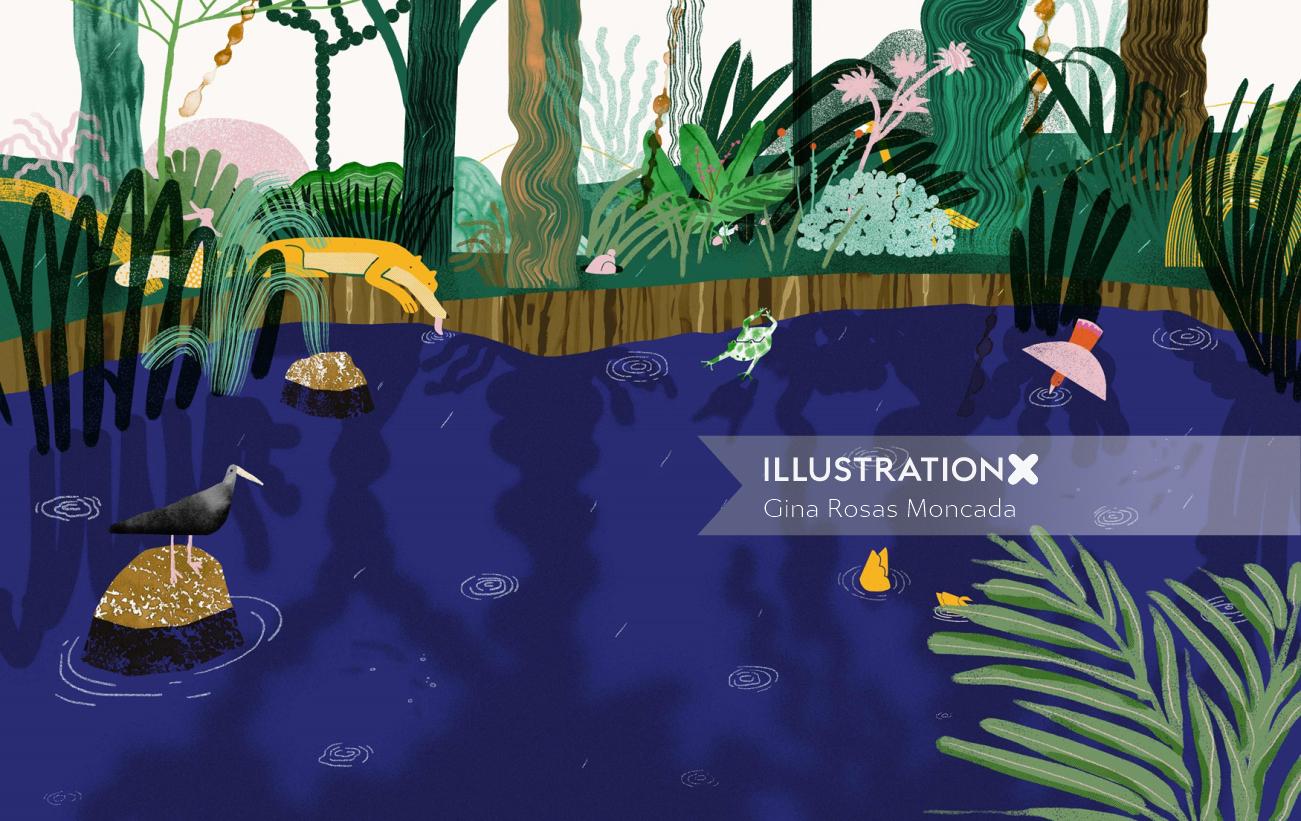 森の池のデジタル絵画