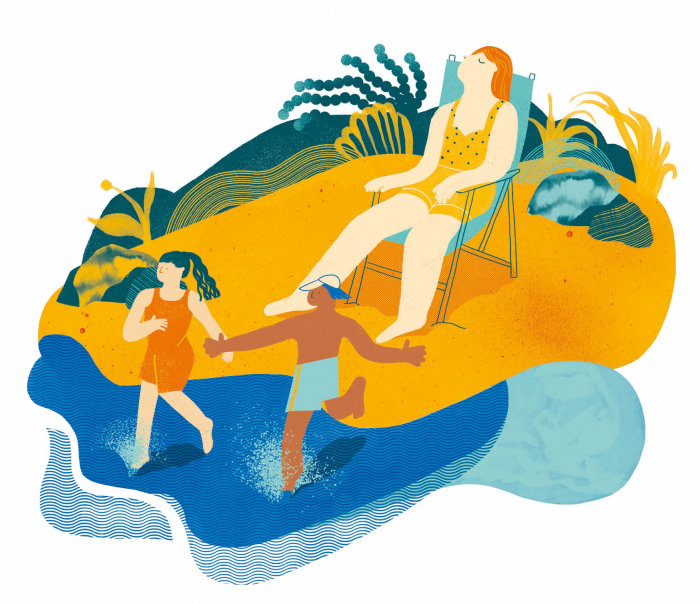 Graphic illustration of people enjoying holidays at beach 
