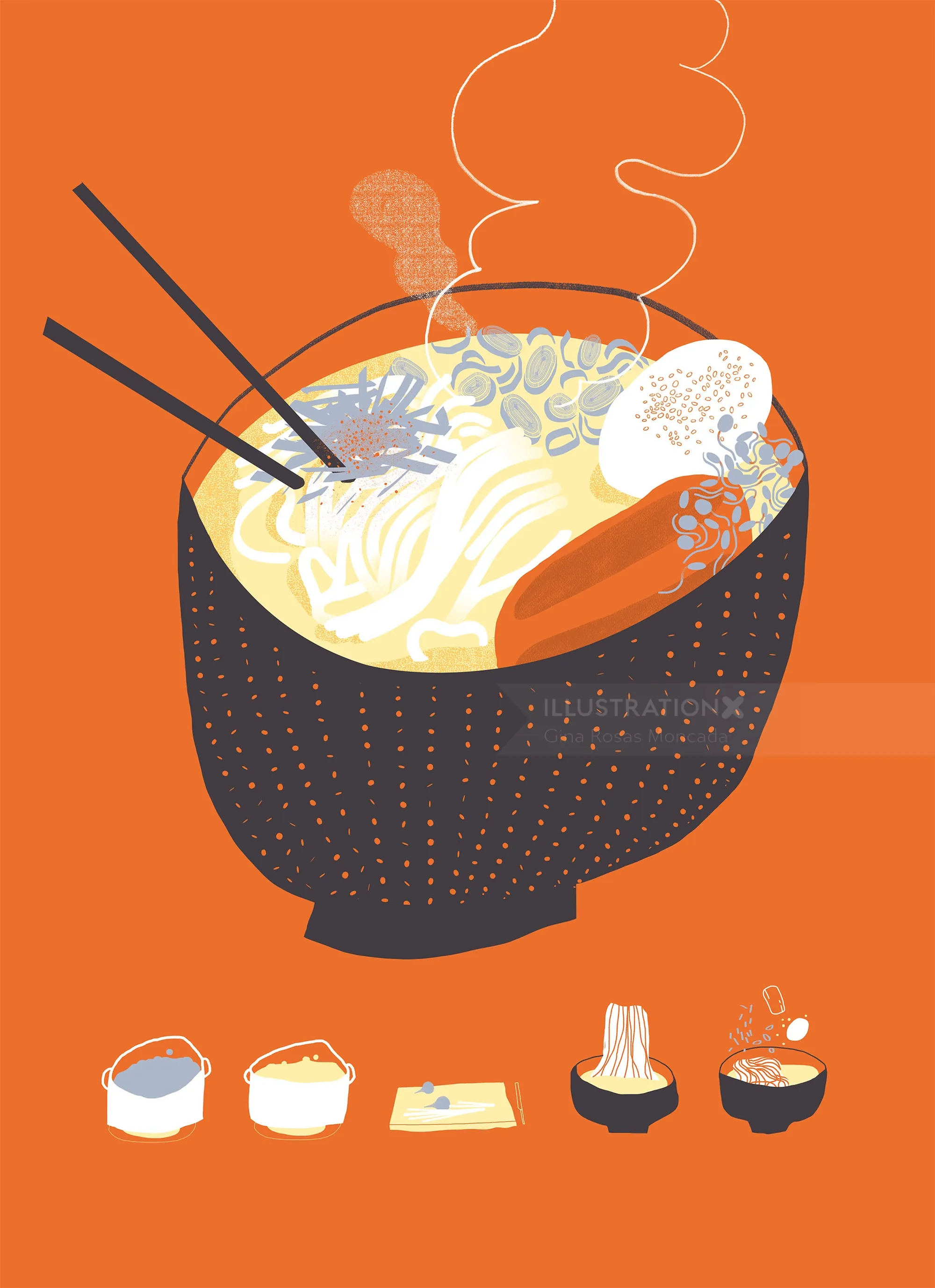 Ramen bowl with noodles, egg, and chopsticks by Gina Rosas Moncada