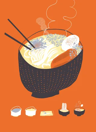 Ramen bowl with noodles, egg, and chopsticks by Gina Rosas Moncada