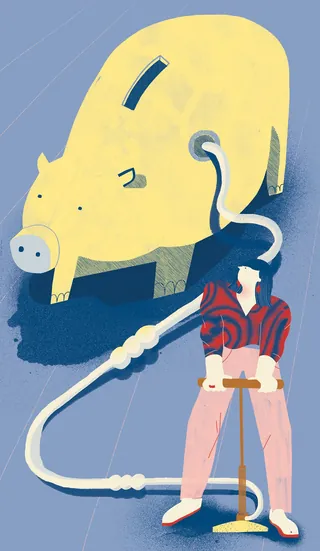 Woman pumping air into a giant yellow piggy bank, illustration by Gina Rosas Moncada