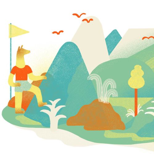 Colorful illustration of person hiking in mountains by Gina Rosas Moncada