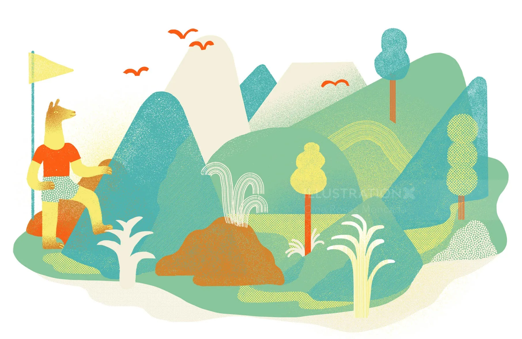 Colorful illustration of person hiking in mountains by Gina Rosas Moncada