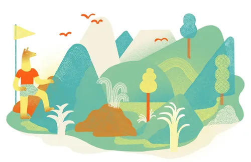 Colorful illustration of person hiking in mountains by Gina Rosas Moncada