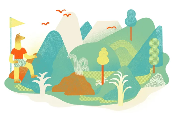 Colorful illustration of person hiking in mountains by Gina Rosas Moncada