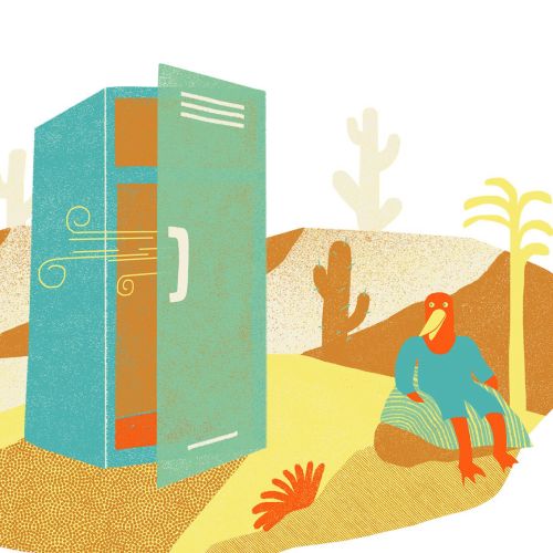 Open book with figures resting in a desert, illustration by Gina Rosas Moncada