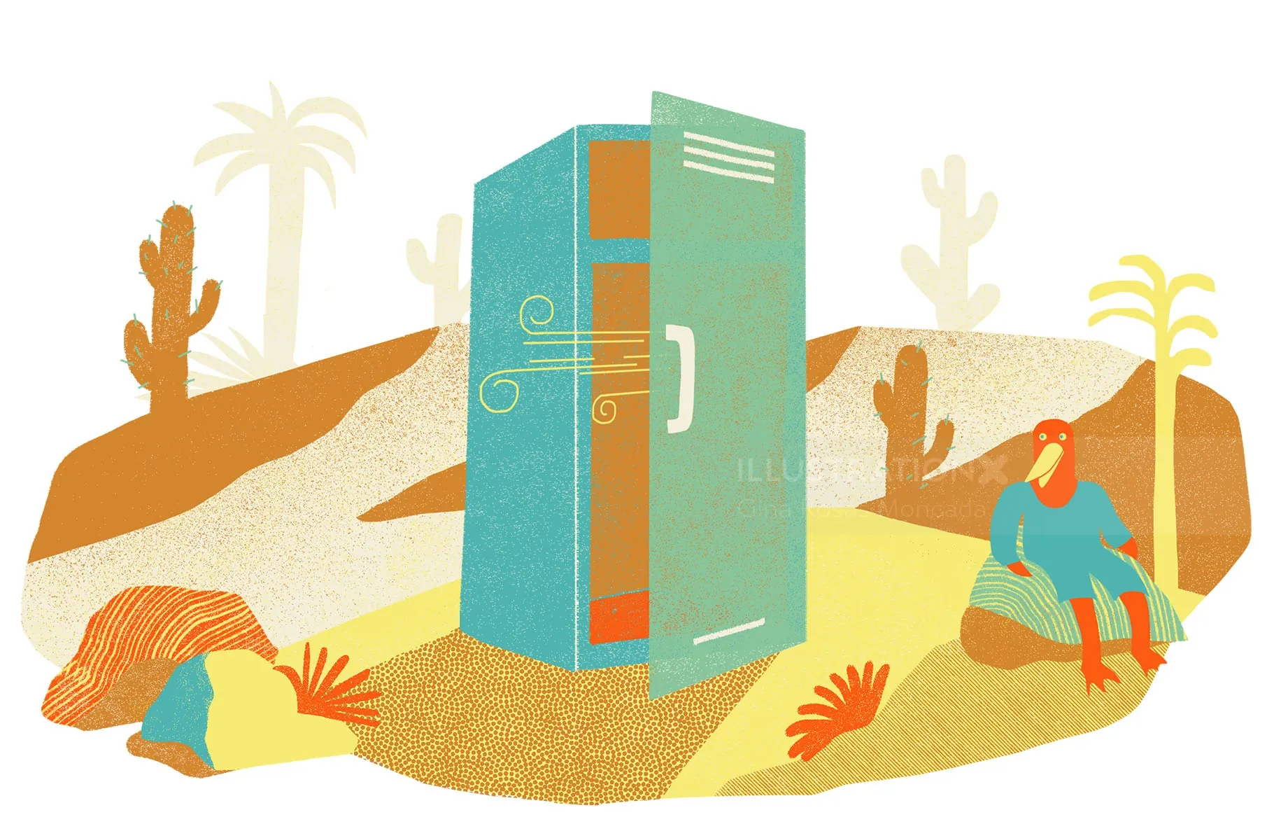 Open book with figures resting in a desert, illustration by Gina Rosas Moncada