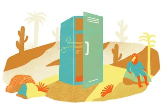Open book with figures resting in a desert, illustration by Gina Rosas Moncada