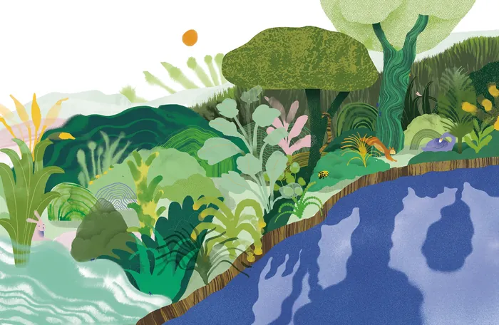 Colorful nature scene with plants, a tree, and water by Gina Rosas Moncada