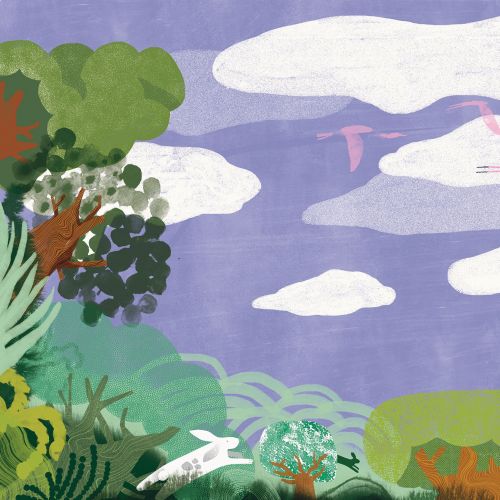 Colorful illustration of animals and figures in a vibrant landscape by Gina Rosas Moncada