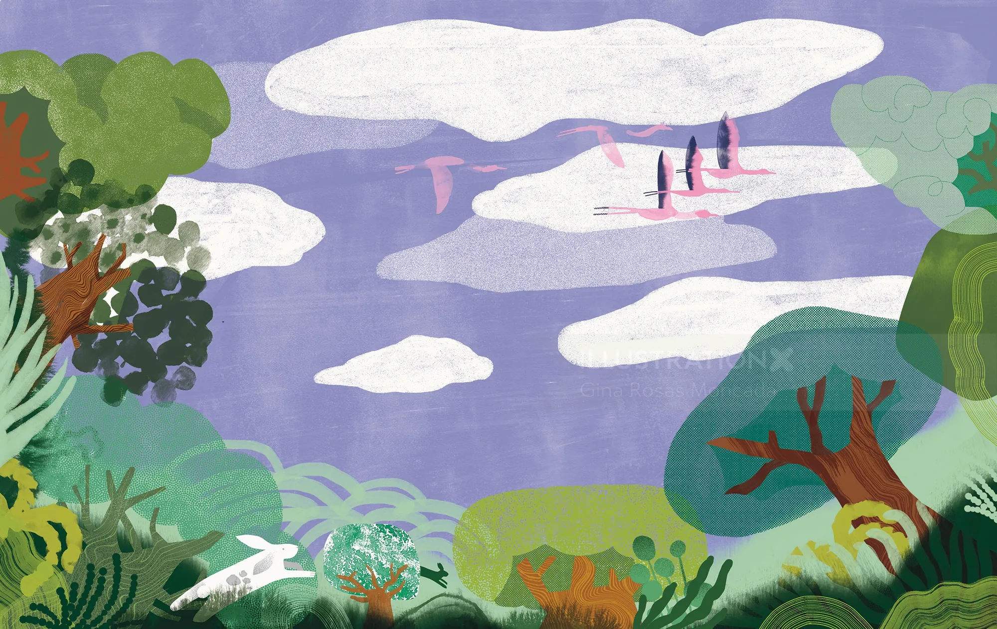 Colorful illustration of animals and figures in a vibrant landscape by Gina Rosas Moncada