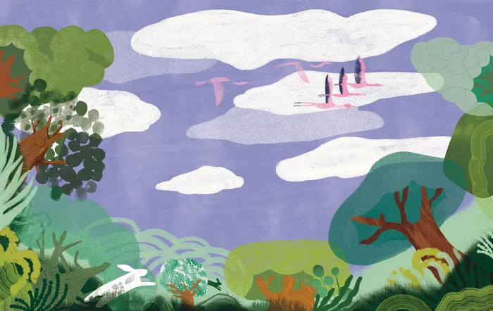 Colorful illustration of animals and figures in a vibrant landscape by Gina Rosas Moncada