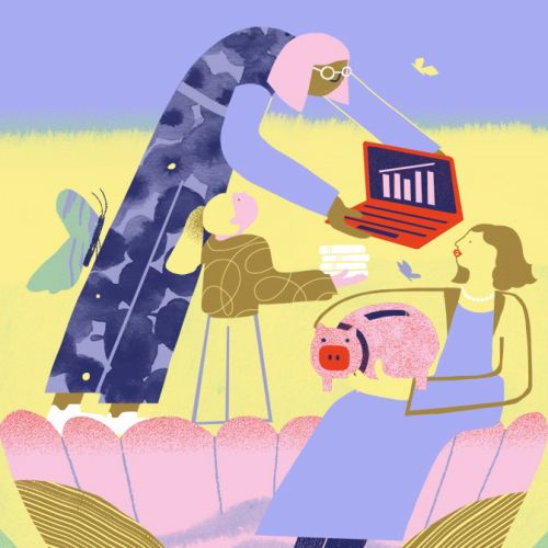 Illustration of three people discussing eco-friendly investments by Gina Rosas Moncada
