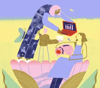 Illustration of three people discussing eco-friendly investments by Gina Rosas Moncada