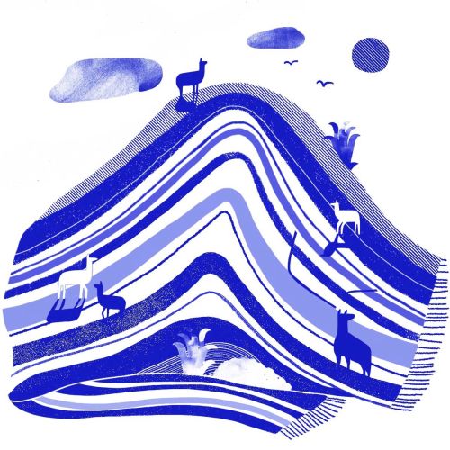 Blue mountain landscape with animals and birds by Gina Rosas Moncada