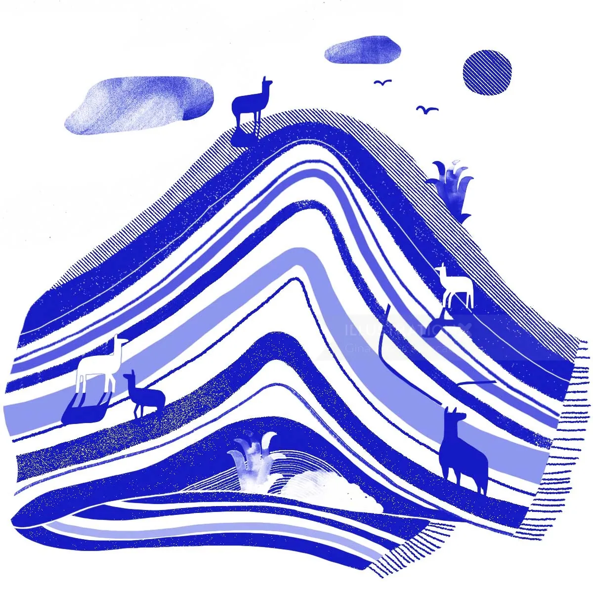 Blue mountain landscape with animals and birds by Gina Rosas Moncada