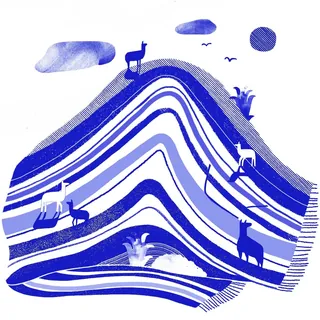 Blue mountain landscape with animals and birds by Gina Rosas Moncada