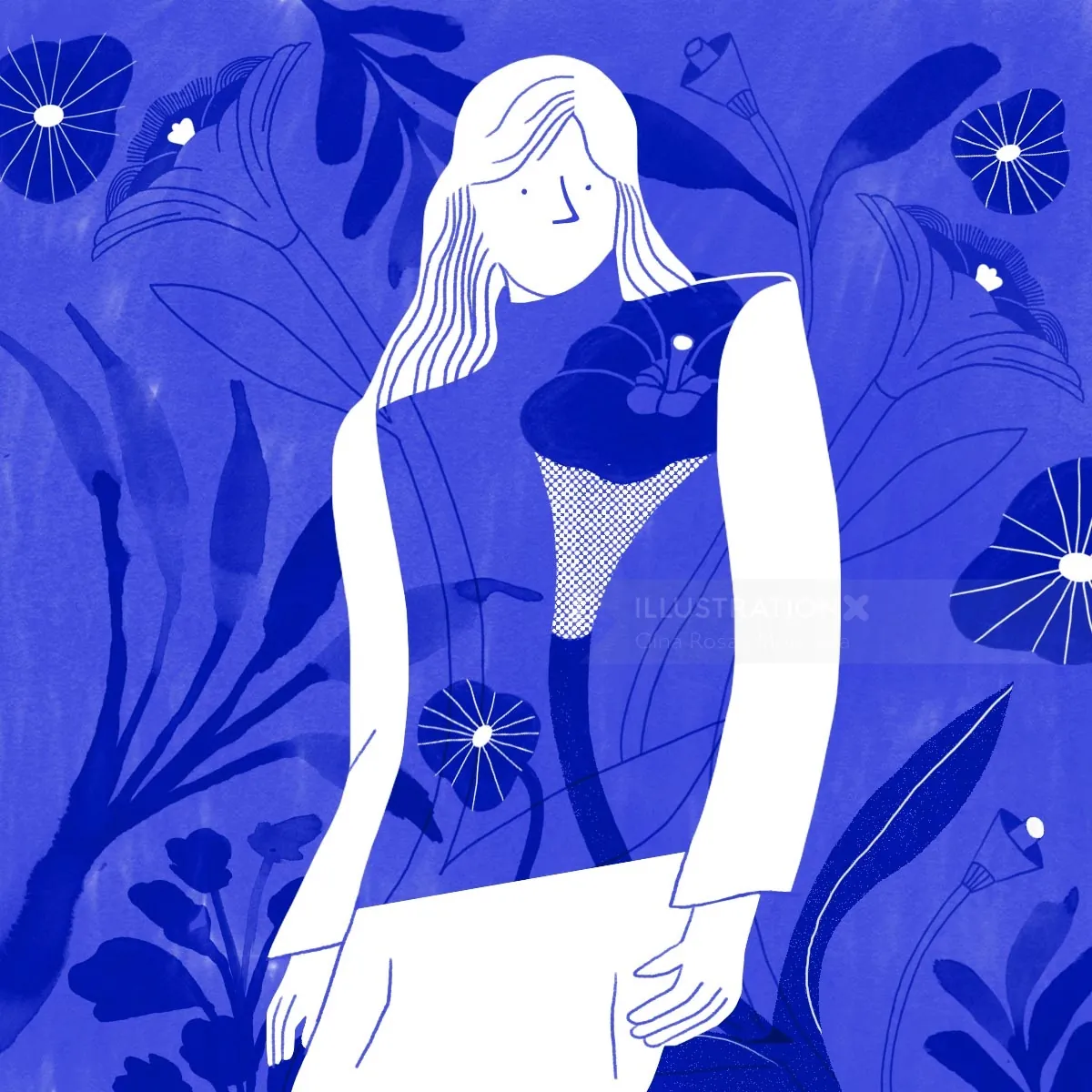 Illustration of woman with flowers symbolizing sustainable clothes by Gina Rosas Moncada