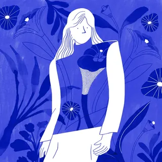 Illustration of woman with flowers symbolizing sustainable clothes by Gina Rosas Moncada