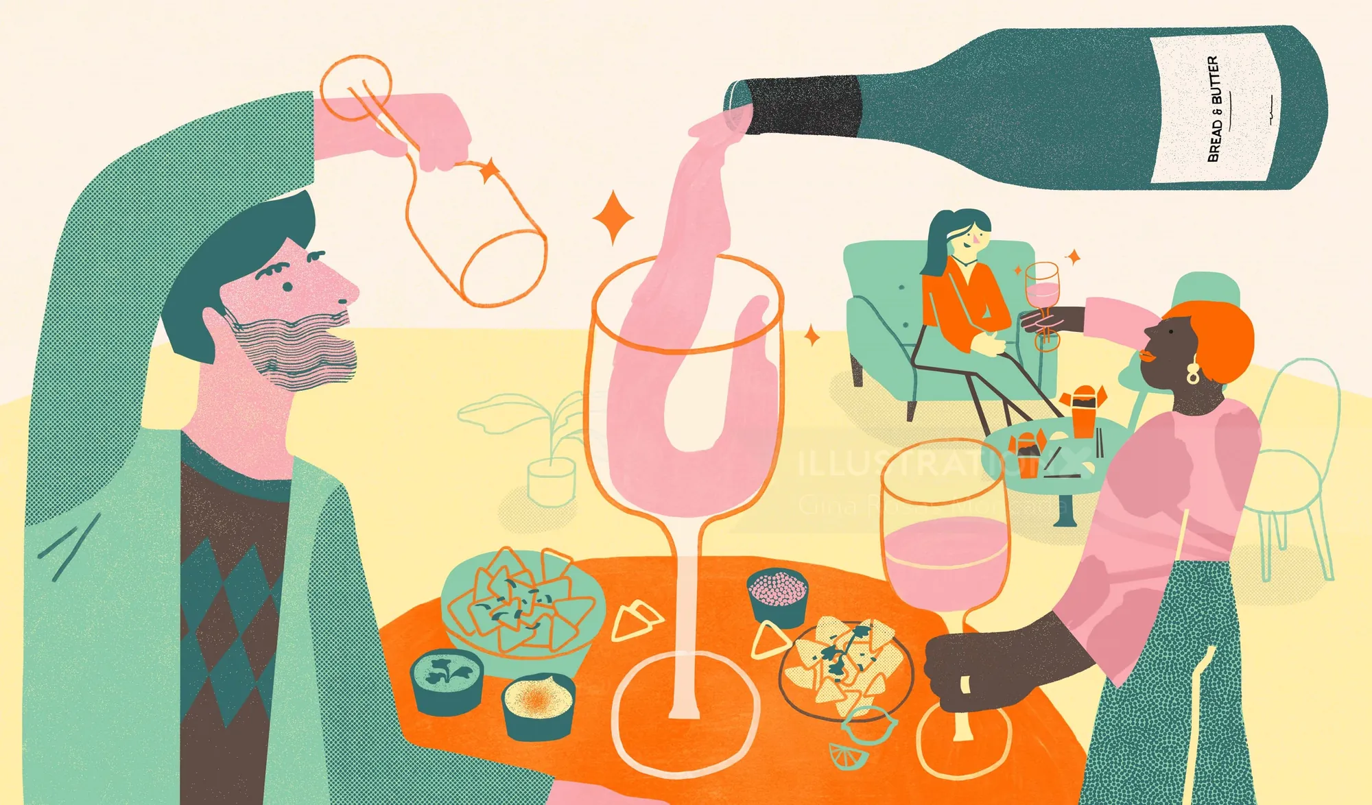 Illustration of wine pouring and people enjoying wine, by Gina Rosas Moncada