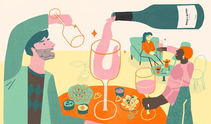 Illustration of wine pouring and people enjoying wine, by Gina Rosas Moncada