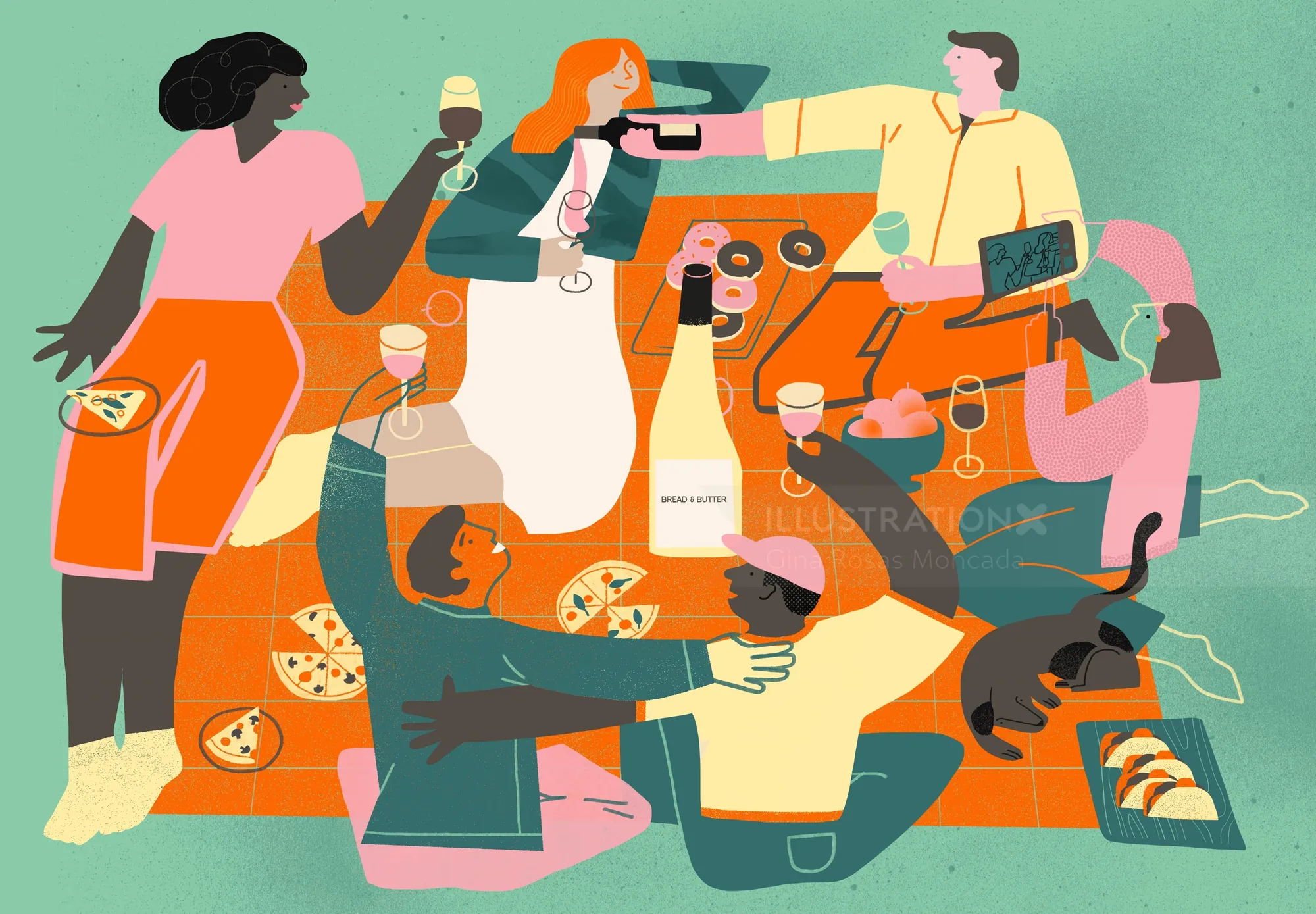 People sharing wine and pizza at a casual gathering by Gina Rosas Moncada
