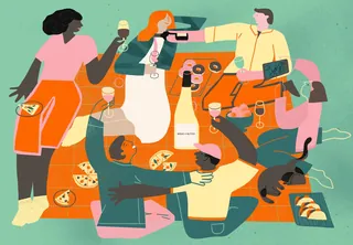 People sharing wine and pizza at a casual gathering by Gina Rosas Moncada
