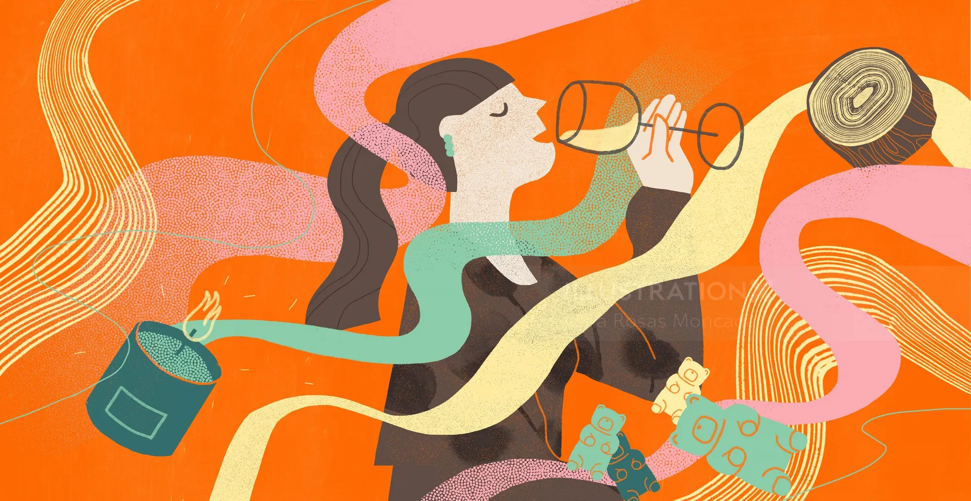 Woman drinking wine with colorful flowing ribbons by Gina Rosas Moncada