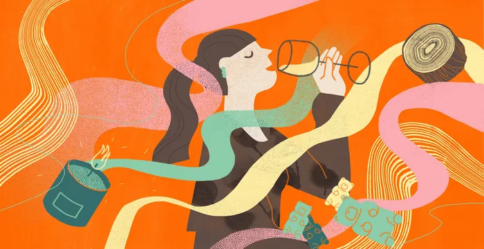 Woman drinking wine with colorful flowing ribbons by Gina Rosas Moncada