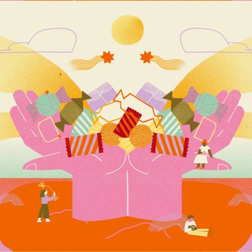 Colorful abstract hands holding geometric shapes by Gina Rosas Moncada