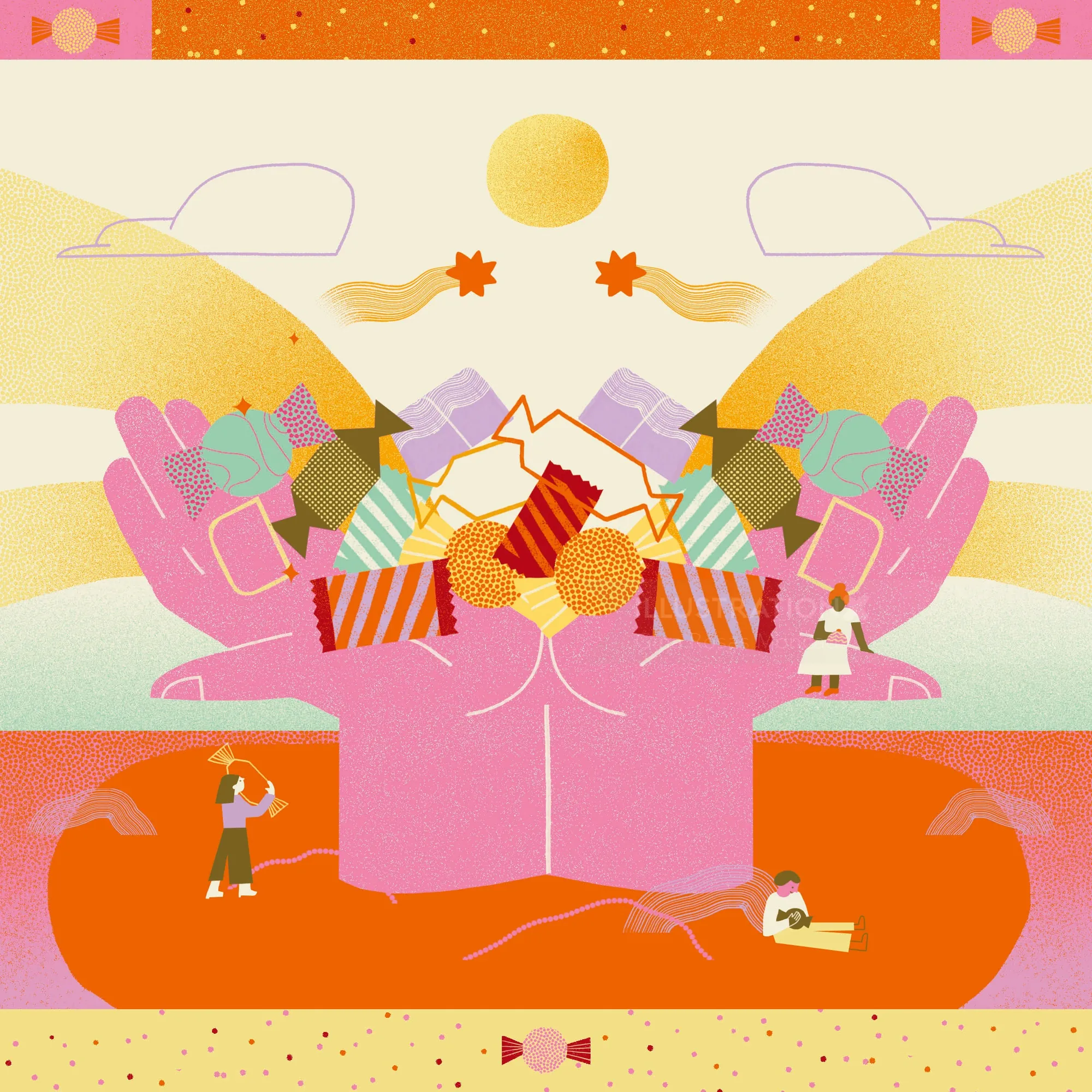 Colorful abstract hands holding geometric shapes by Gina Rosas Moncada