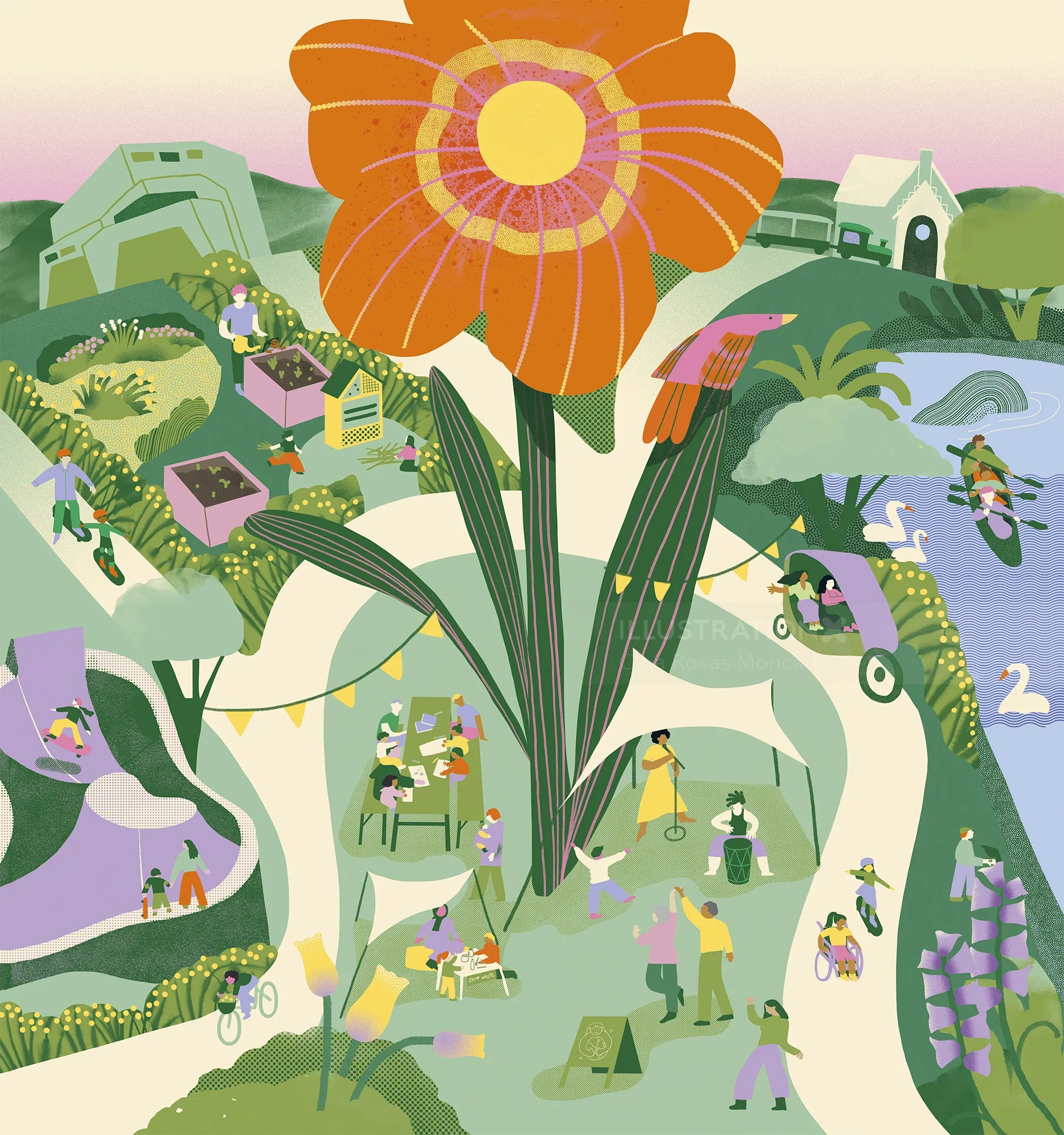 Illustration of people enjoying a park with a giant flower by Gina Rosas Moncada