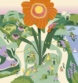 Illustration of people enjoying a park with a giant flower by Gina Rosas Moncada